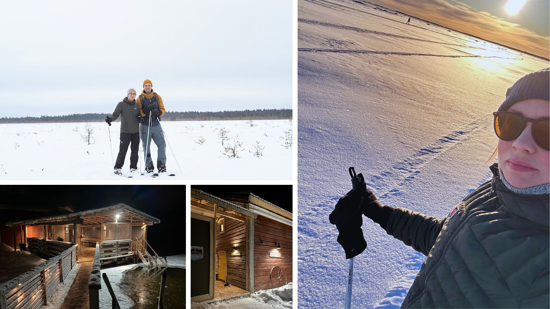 kuvakollaasi hiihtämisestä ja savusaunasta.